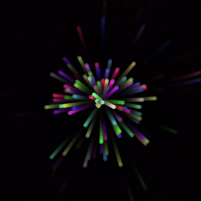 A colorful particle explosion driven by sound, dispersing dynamically.
