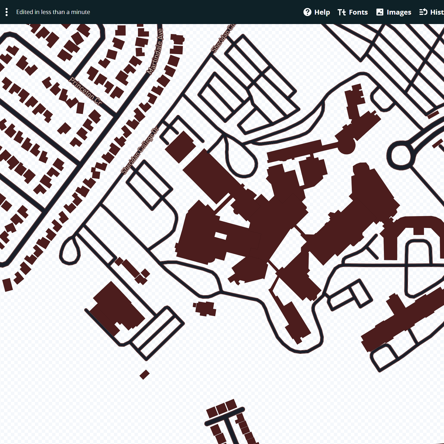 Sections of buildings and roads on the map